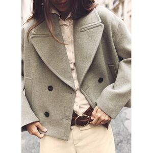Wool Blend Double-Breasted Cropped Coat - Sage Green